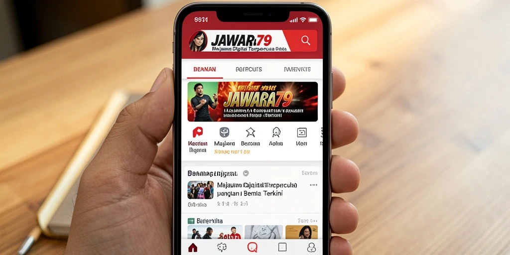 Antarmuka modern aplikasi JAWARA79 dengan berbagai kategori berita.