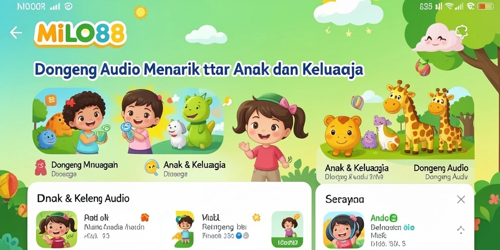 Tampilan antarmuka aplikasi Dongeng Audio MILO88 yang menarik.